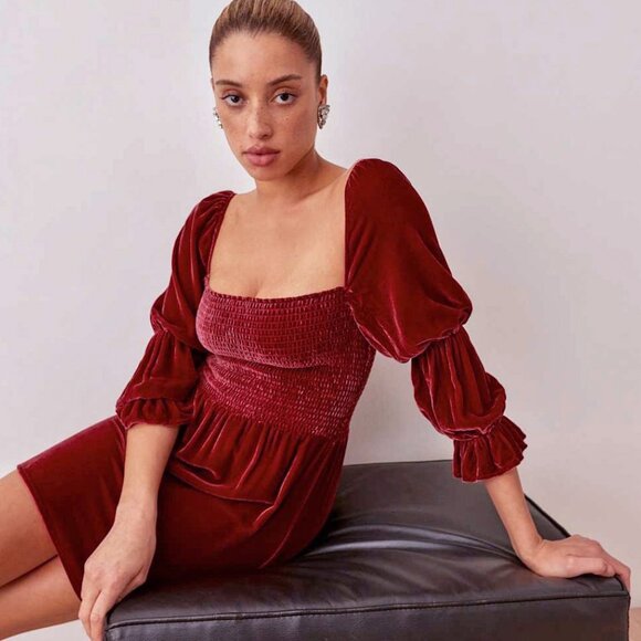 Last Chance! New Reformation Albi Velvet Puff Sleeve Mini Dress Crimson XS $278 - Picture 1 of 9